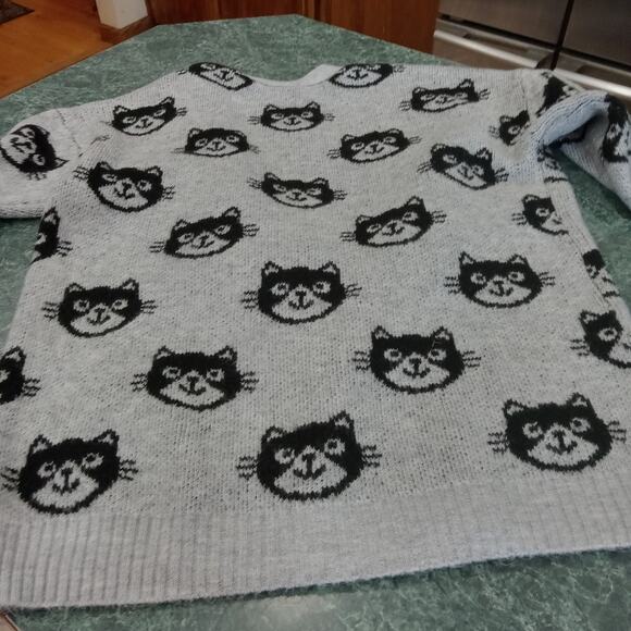 Cardigan Juniors Xxxl 21 Gray Black Cat Print Knit Open Front Fuzzy Sweater 1x2x - Picture 9 of 10